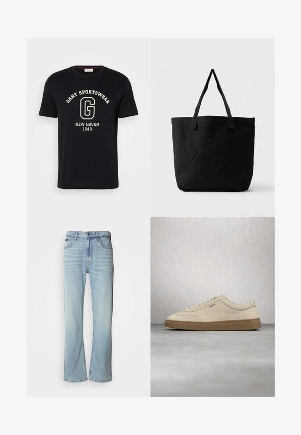 Zwart T-shirt met korte mouwen met witte tekst "GANT SPORTSWEAR" gebogen boven een grote "G" en "NEW HAVEN 1949" gecentreerd eronder.; Lichtblauwe denim jeans met een rechte pijp, voorzien van vijf zakken, een knoopsluiting en subtiele vervaging op de stof.; Lichtbeige suède sneaker met een zool van gumrubber, opvallende veters en subtiele stikdetails. Strak ontwerp met een minimalistische uitstraling.; Zwarte canvas tas met twee schouderbanden en een subtiel, ingebosseleerd cirkelvormig ontwerp aan de voorkant.