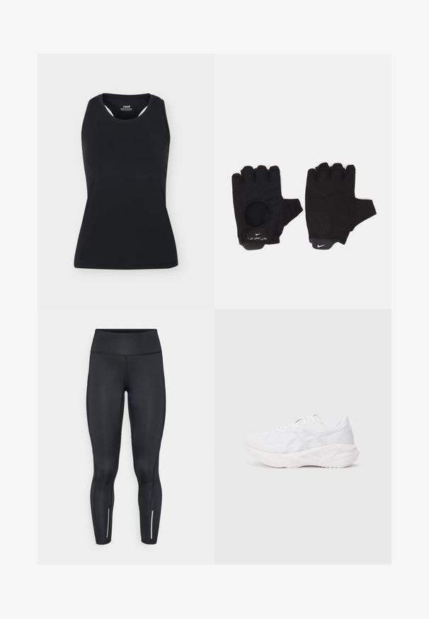 Sort ærmeløs sportstanktop med rund halsudskæring og bryderryg, vist på ensfarvet lyst baggrund.; Sorte leggings lavet af strækbart materiale med høj talje, der har reflekterende detaljer nær anklerne og en glat overflade.; Hvid atletisk sko med en åndbar mesh-overdel og polstret sål, prydet med et tekstureret mønster og minimalistiske designaksenter.; Sorte fingerløse handsker med et tekstureret design. Lavet af et åndbart materiale, med en tommelfingeråbning og forstærket håndflade for bedre greb.