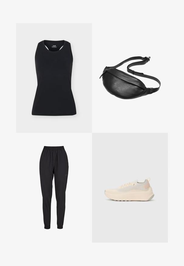 Sort ærmeløs sportstanktop med rund halsudskæring og bryderryg, vist på ensfarvet lyst baggrund.; Sorte elastiske bukser med samlet manchet, lige ben-design, lavet af letvægtsmateriale, med et diskret logo på siden.; Lavprofil, lysebrun atletiksko med strikket overdel, tyk polstret sål, snørebåndslukning og trækstrop ved hælen, vist i sidevisning.; Sort læderbum bag med buet design og glat overflade. Har et langt justerbart rem og en diskret lynlås.