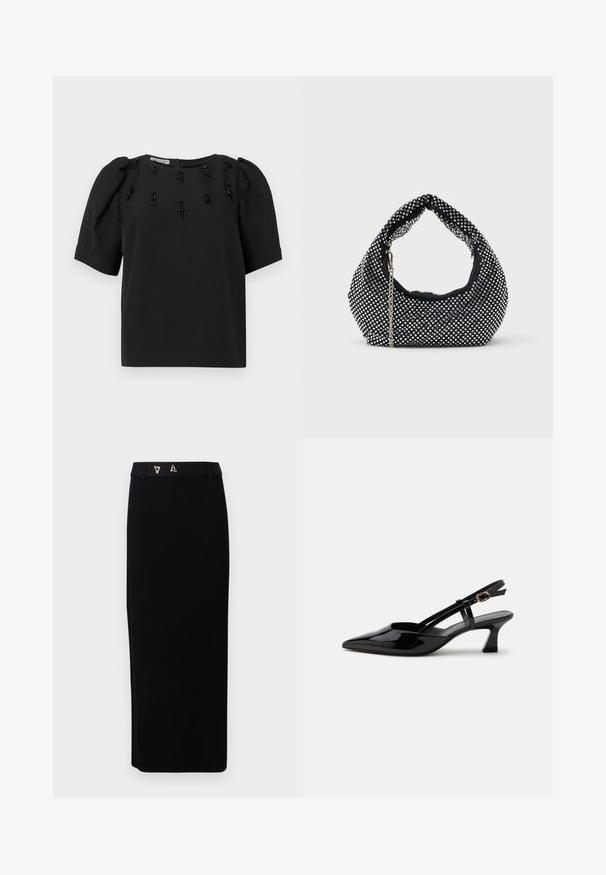Haut noir à manches courtes avec un col rond, présentant des perles noires décoratives disposées verticalement sur le devant. Tissu léger et texturé.; AERON FORUM - Jupe crayon - black; Chaussure slingback en cuir verni noir à petit talon, bout pointu et bride réglable avec boucle dorée sur fond blanc.; Sac à main en maille noire orné de clous en argent, avec une poignée incurvée et une bandoulière en chaîne. Texture douce avec une forme arrondie.
