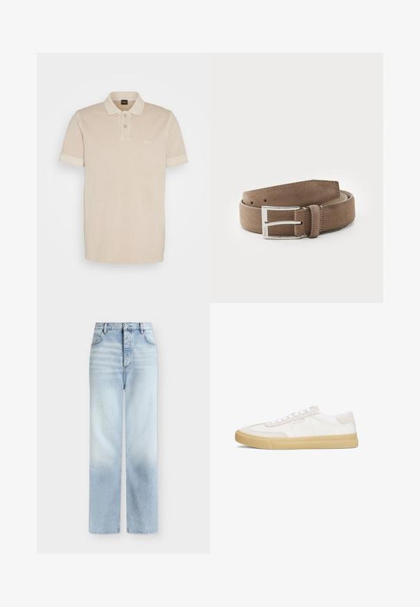 Beige polo särk, mis on valmistatud pehmest puuvillast. Sellel on klassikaline kaelus, kaks nuppu ja rinna peal väike tikitud logo.; Hele sinised kõrge vöökohaga sirged teksapüksid esitaskute, vööaasade ja nööpkinnisega.; Valged nahast ja sametist tossud, millel on nööridega disain, pruun kummist tallal ja väike logo küljel.; Helepruun sametivöö, millel on sile tekstuur ja hõbedane metallist pandla. Sisaldab viit auku ja õmmeldud servi vastupidavuse tagamiseks.