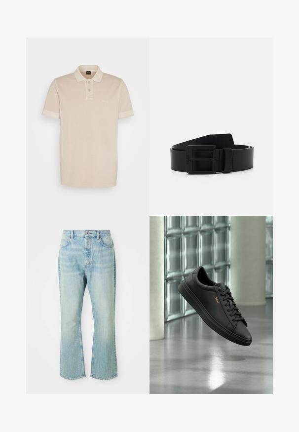 Beige Poloshirt aus weicher Baumwolle. Es verfügt über einen klassischen Kragen, zwei Knöpfe und ein kleines gesticktes Logo auf der Brust.; Hellblaue, ausgestellte Jean mit hoher Taille, ausgestattet mit fünf Taschen, Gürtelschlaufen und einem ausgewaschenen Denim-Look.; Schwarzer flacher Ledersneaker mit schwarzen Schnürsenkeln und goldenem BOSS-Logo an der Seite, schwebend über einem glänzenden grauen Boden in einem modernen Innenraum.; Schwarzer Leder Gürtel mit matter Oberfläche, ausgestattet mit einer rechteckigen Metallschnalle und glatter Textur. Einfaches Design ohne Muster oder Akzente.