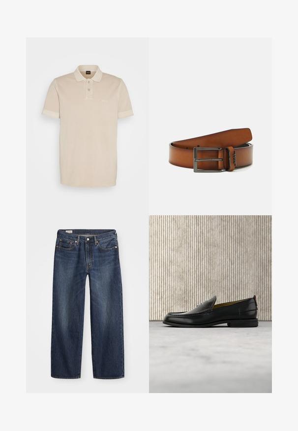 Beige polo-shirt lavet af blødt bomuld. Den har en klassisk krave, to knapper og et lille broderet logo på brystet.; Mørkeblå denim jeans med lige ben, fem-lomme design, metalknap og lynlåsgylf samt subtile slidmærker.; Sort læder herreloafer med krokodillepræget forstykke og lav hæl, vist i profil på en neutral baggrund.; Brun læderbælte med en mat sort metalspænde, der har en enkelt prong og fem huller til justering, præget logo-detalje.