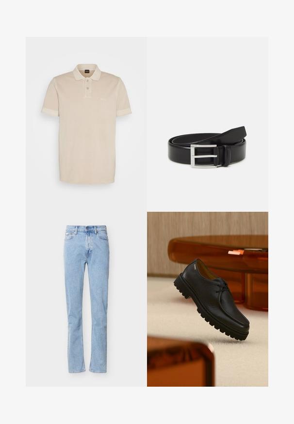 Beige polo särk, mis on valmistatud pehmest puuvillast. Sellel on klassikaline kaelus, kaks nuppu ja rinna peal väike tikitud logo.; Helehallid kõrge vöökohaga sirge säärtega teksapüksid, esitelje nööpide ja luku sulgemisega, vööaasadega ning klassikalise viie taskuga disain.; Must tekstureeritud nahast paelaga king paksu soonilise tallaga, kannal brändinimega "HUGO", eksponeeritud beežil vaibal ja merevaigu toonis mööbli taustal.; Must must nahkrihm läikiva viimistlusega; sellel on hõbedane metallist pandla, millel on ristkülikukujuline raam ja siledad servad.