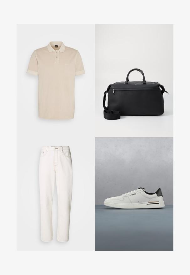Beige polo särk, mis on valmistatud pehmest puuvillast. Sellel on klassikaline kaelus, kaks nuppu ja rinna peal väike tikitud logo.; Valged denim teksad otse jalgu disainiga, millel on õmmeldud õmblused, metallne nööp sulgemiseks ja standardne viie taskuga konstruktsioon.; Valged madalad sneaker'id musta kanna, paeltega sulgemine, peened perforatsioonid ja küljes "BOSS" logo, nähtud välisküljelt profiilis.; Mustast nahast duffel kott kahe ülemise käepideme, eemaldatava õlarihma ja lukuga esikoti lisarakendamisega.