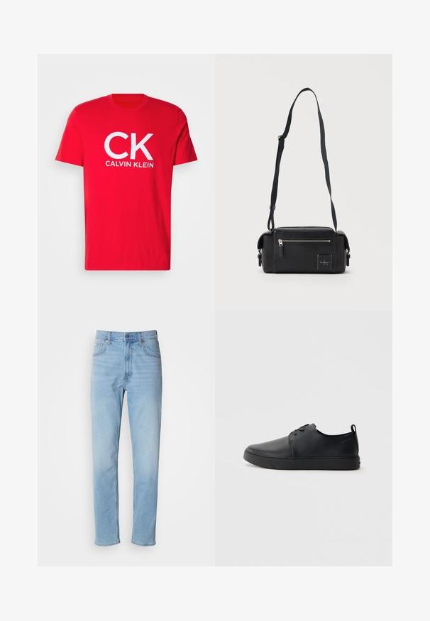 Rotes Baumwoll-T-Shirt mit einem großen weißen "CK" und "CALVIN KLEIN" Druck. Kurze Ärmel und klassischer Rundhals-Design. Glatte Textur.; Hellblaue Jeans mit geradem Schnitt, fünf Taschen und Gürtelschlaufen. Der Stoff hat eine glatte Textur mit einem leichten Verblassungseffekt.; Schwarze Leder-Sneaker mit glatter Oberfläche, abgerundeter Zehenpartie, gleichfarbiger Nähte, schnürbarem Vorderteil und flacher Gummisohle. Schlaufe an der Ferse.; Schwarze rechteckige Crossbody-Tasche mit vorderer Reißverschlusstasche, verstellbarem Schulterriemen und kleinem Calvin Klein Logo-Patch.
