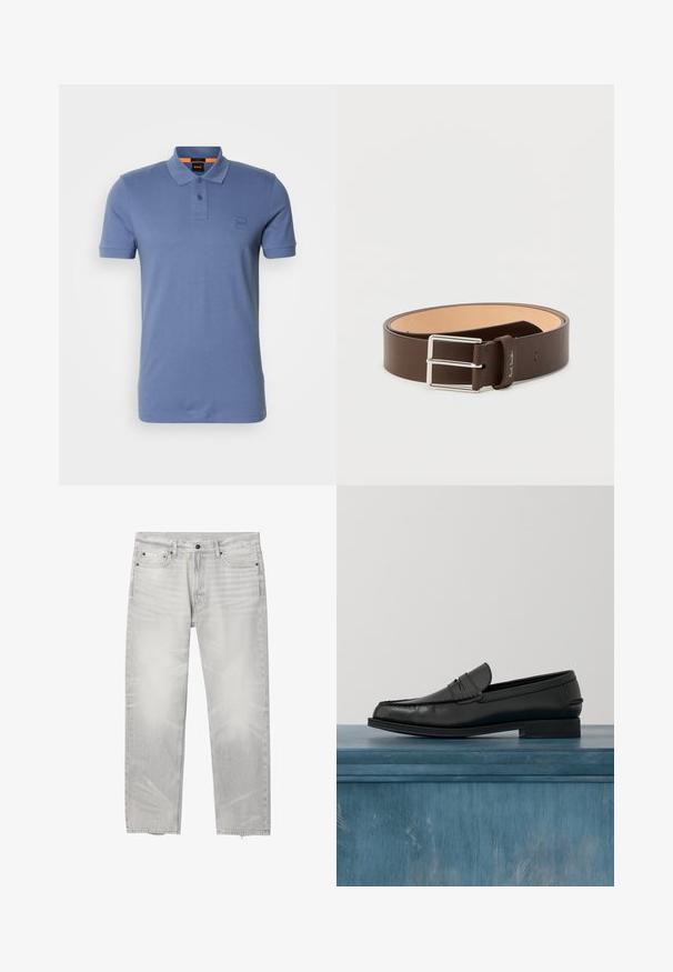 Polo de algodón azul con un cuello clásico, tapeta de dos botones y un pequeño parche con logo en el pecho. Manga corta y corte estándar.; Vaqueros de pierna recta de color gris claro con cinco bolsillos, cierre de botón y cremallera, y el logo de Calvin Klein en el pequeño bolsillo delantero.; Mocasines de cuero negro con un diseño elegante, que presentan una puntera cosida y un acabado suave. El zapato tiene un tacón bajo y detalles mínimos.; Cinturón de cuero marrón con una hebilla doble de plata brillante, textura suave y un forro interior beige contrastante.