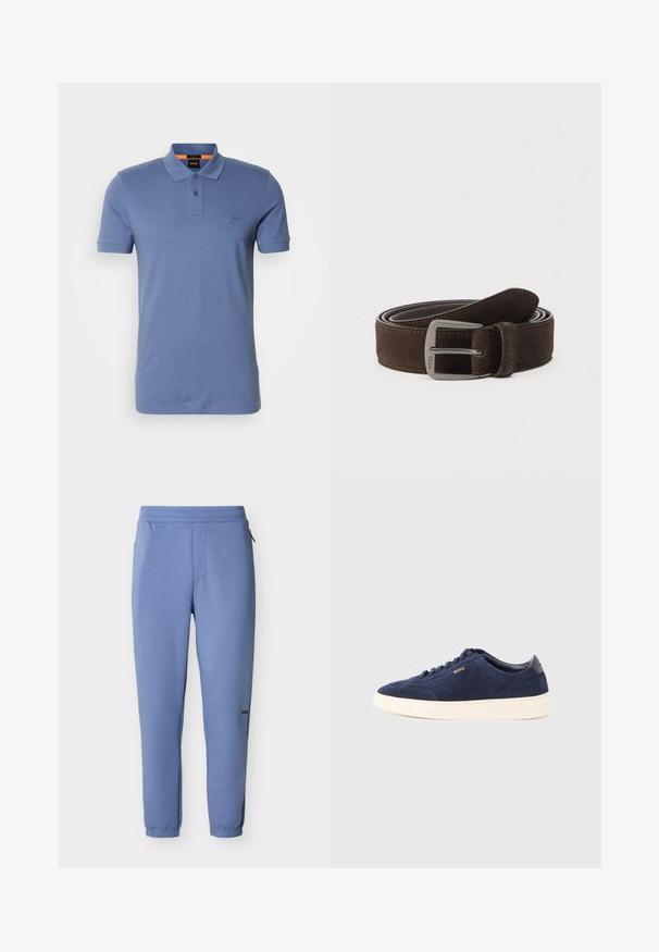 Polo de algodón azul con un cuello clásico, tapeta de dos botones y un pequeño parche con logo en el pecho. Manga corta y corte estándar.; Pantalones deportivos azul claro con corte cónico, cintura y puños elásticos, bolsillos laterales con cremallera y un logotipo sutil en el muslo.; Zapatilla de ante azul marino con suela de goma blanca, punta redondeada, cordones del mismo tono y logotipo en relieve en el lateral. Diseño de perfil bajo con textura suave.; Cinturón de ante marrón con hebilla de metal plateado, detalle de doble costura y textura suave con punta redondeada.