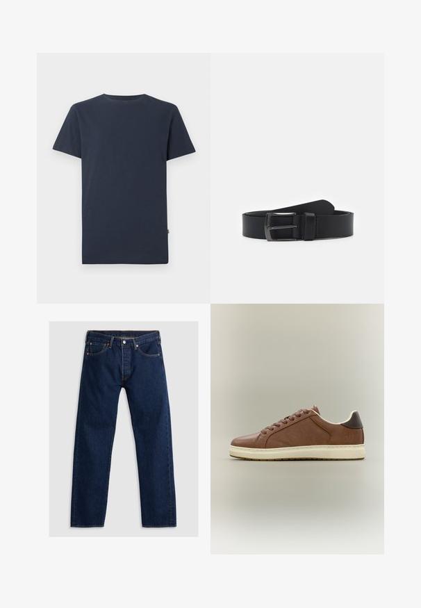 Enkelt mørk navyblå T-shirt med korte ærmer og rund halsudskæring med et lille hvidt SELECTED-mærke inde i kraven.; Mørkeblå lige ben denim jeans med frontknap, bæltesløjfer og fem-lomme design lagt fladt på en lys baggrund.; Brun lavtopet lædersneaker med cremefarvet gummisål og mørkebrun hælfane, snørelukning på siden, på neutral baggrund.; Sort læderbælte med en glat tekstur, der har en spænde i sølvfarvet metal og et klassisk design. Justerbar længde, minimalistisk stil.