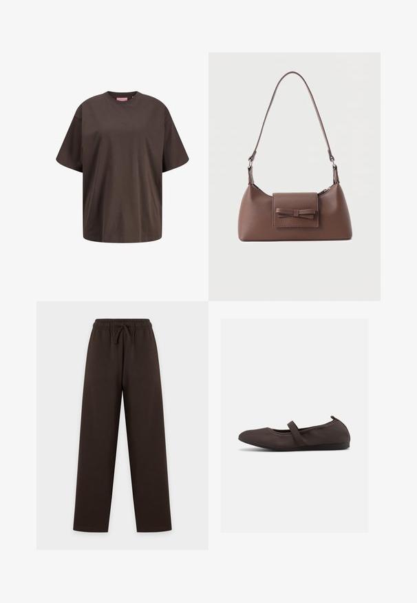 Σκούρο καφέ βαμβακερό oversized κοντομάνικο μπλουζάκι με στρογγυλή λαιμόκοψη και διακριτικό λογότυπο μπροστά.; Σκούρο καφέ παντελόνι με φαρδύ μπατζάκι και ελαστική μέση με κορδόνι, τοποθετημένο επίπεδα σε ανοιχτό φόντο.; Καφέ μπαλαρίνα παπούτσι με ελαστικό λουρί και στρογγυλεμένη μύτη, εμφανιζόμενο σε λευκό φόντο, πλάγια όψη.; Καφέ δερμάτινη τσάντα ώμου με μπροστινή τσέπη με καπάκι, διακοσμημένη με ραμμένη λεπτομέρεια φιόγκου και ρυθμιζόμενο λουρί.