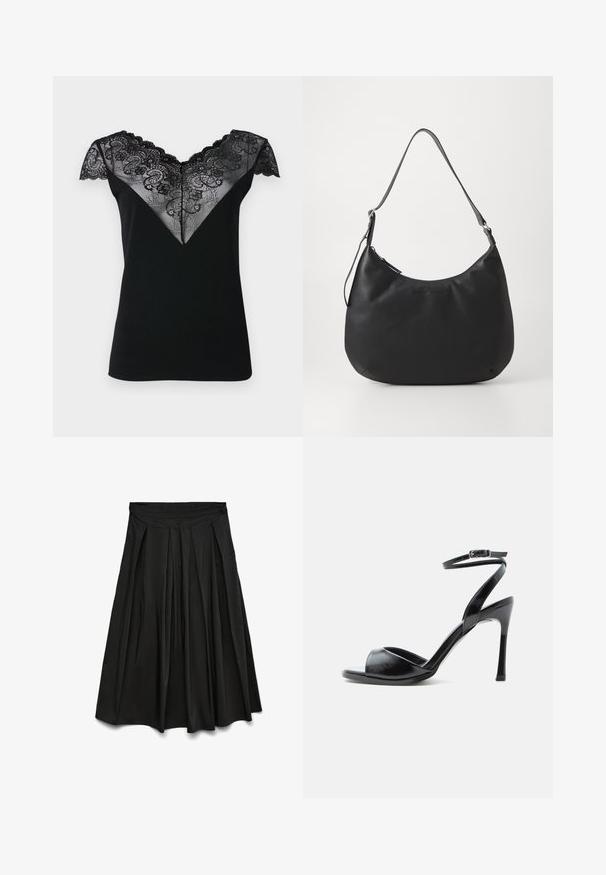 Haut noir à manches courtes avec un revêtement en dentelle en forme de V, orné de motifs floraux délicats et de bords festonnés le long de l'encolure et des manches.; Jupe midi noire plissée avec une taille haute, une silhouette évasée et une texture de tissu douce.; Sandale noire à talon haut avec bout ouvert, talon stiletto fin et bride de cheville avec boucle sur fond blanc.; Sac hobo noir en matériau lisse et durable. Comprend une seule sangle réglable et un logo embossé subtil à l'avant.