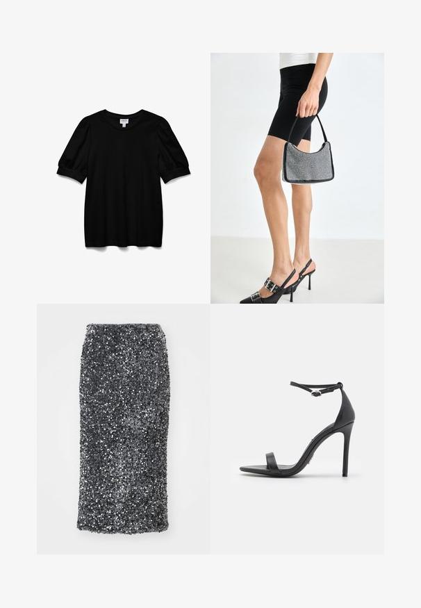 Top corto negro de manga corta con escote redondo, hecho de una tela suave. Presenta mangas abullonadas y un corte relajado. Diseño simple, sin adornos.; Minifalda de lentejuelas en gris oscuro, con un diseño ajustado. Superficie cubierta de lentejuelas redondas y brillantes que aportan un acabado texturizado.; Sandalias de tacón alto negras con punta abierta, tiras delgadas y hebilla en el tobillo. Textura de cuero suave con un diseño de punta afilada.; Bolso de cuentas negras con una silueta curva, asa de transporte y textura brillante. Llevado con zapatos de tacón altos negros y pantalones cortos negros ajustados.