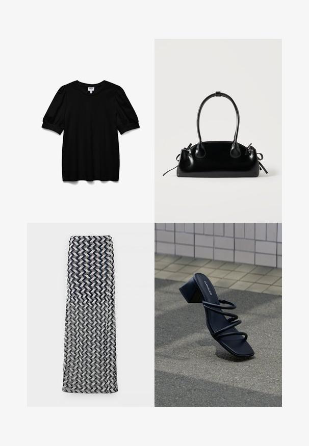 Schwarzes Kurzarmoberteil mit Rundhalsausschnitt, aus glattem Stoff. Mit Puffärmeln und lockerer Passform. Einfaches, ungeschmücktes Design.; Gefalteter schwarz-weiß gezackter Strickstoff, flach auf einem hellgrauen Hintergrund ausgelegt.; Schwarze Sandale mit quadratischer Spitze, drei dünnen Riemen und Blockabsatz auf Pflasterstein in der Nähe einer gefliesten Wand.; Kleine schwarze glänzende Handtasche mit zwei langen Griffen und seitlichen Kordelzug-Details vor einfachem hellem Hintergrund.