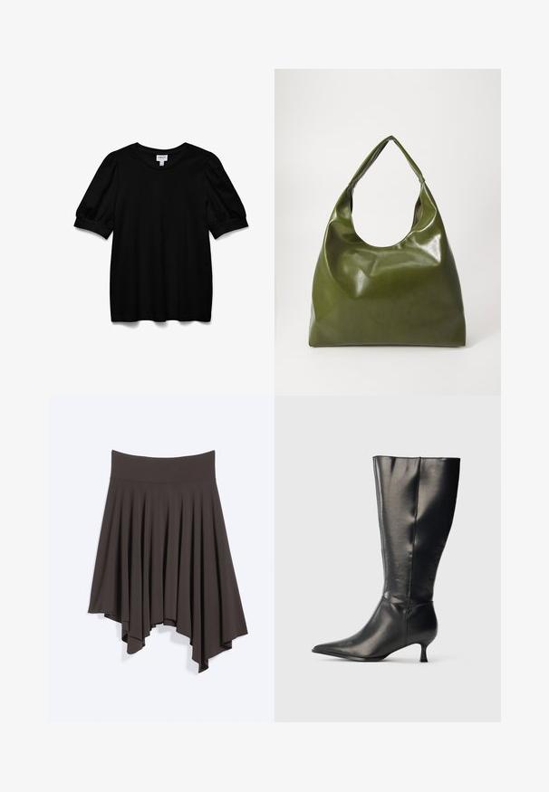 Schwarzes Kurzarmoberteil mit Rundhalsausschnitt, aus glattem Stoff. Mit Puffärmeln und lockerer Passform. Einfaches, ungeschmücktes Design.; Dunkelgrauer asymmetrischer Rock mit hohem Bund und fließendem, ungleichmäßigem Saum vor hellem Hintergrund.; Schwarzer kniehoher Lederstiefel mit spitzer Zehenpartie und niedrigem Kittenabsatz, präsentiert vor einem schlichten hellen Hintergrund.; Grüne Leder-Hobo-Tasche mit einem lässigen Design, gebogenem Griff und glatter Textur. Enthält keine sichtbaren Beschläge oder Akzente.