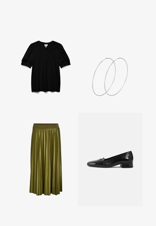 Zwarte top met korte mouwen en een ronde hals, gemaakt van een zachte stof. Heeft pofmouwen en een relaxte pasvorm. Eenvoudig, onopgesmukt ontwerp.; Khaki groene geplooide midirok met brede elastische tailleband en gladde stoftextuur.; Zwarte laarzen van gepatenteerd leer met een puntige neus, een lage vierkante hak en een kleine metalen gespdetail op de band. Gladde textuur.; Zilveren hoepel oorbellen met een minimalistisch ontwerp. Cirkelvormig, gladde textuur en dun profiel. Lichtgewicht met een gepolijste afwerking.
