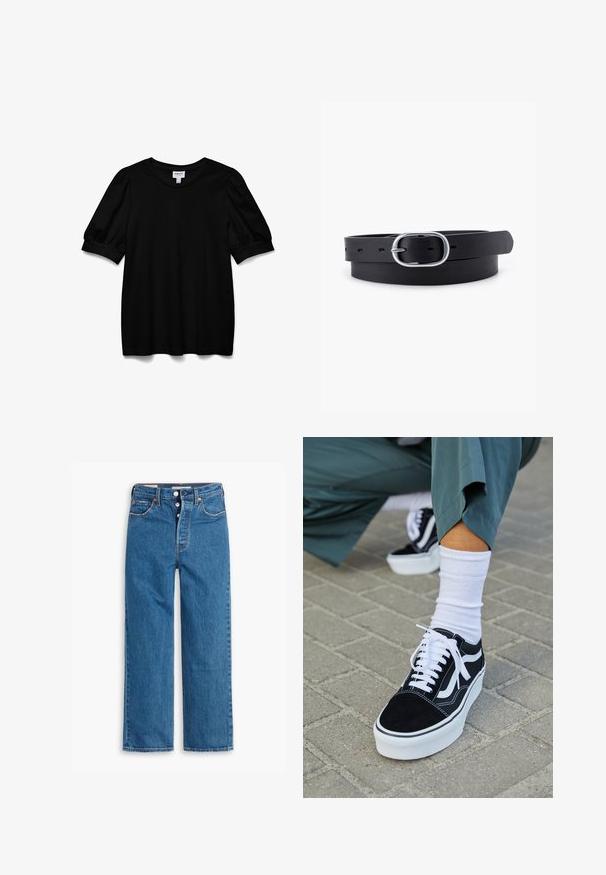Top corto negro de manga corta con escote redondo, hecho de una tela suave. Presenta mangas abullonadas y un corte relajado. Diseño simple, sin adornos.; Vaqueros de mezclilla azul de pierna recta con una cintura alta, diseño de cinco bolsillos y cierre de botones. Costuras visibles y remaches de tono cobrizo.; Zapatillas de ante negro con acentos y cordones blancos, que cuentan con una gruesa suela blanca y costuras en contraste, combinadas con un calcetín blanco.; Cinturón de cuero negro con una textura suave, hebilla ovalada de metal plateado y múltiples agujeros de ajuste a lo largo de la correa. Diseño plano y minimalista.