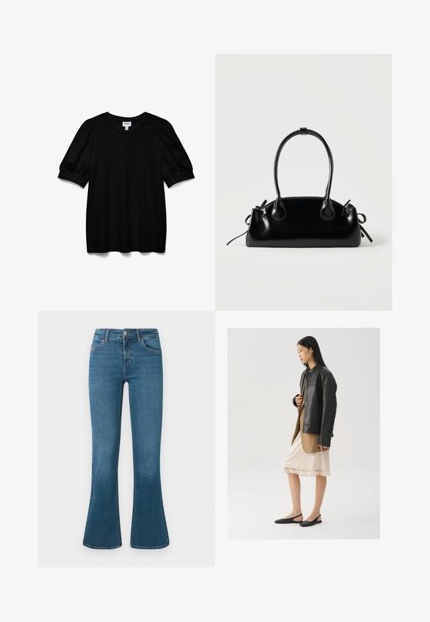 Zwarte top met korte mouwen en een ronde hals, gemaakt van een zachte stof. Heeft pofmouwen en een relaxte pasvorm. Eenvoudig, onopgesmukt ontwerp.; Blauwe denim flared jeans met een middelhoge tailleband, vijf zakken en subtiele stikseldetails. Glad textuur met een klassieke wassing.; Zwarte leren jas over een bruine top, gecombineerd met een licht crèmekleurige slipjurk met kanten rand en zwarte slingback schoenen.; Kleine zwarte glanzende handtas met twee lange hengsels en zijkant trekkoord details op een effen lichte achtergrond.