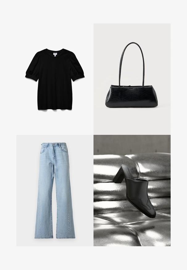 Schwarzes Kurzarmoberteil mit Rundhalsausschnitt, aus glattem Stoff. Mit Puffärmeln und lockerer Passform. Einfaches, ungeschmücktes Design.; Hellblaue, hoch taillierte Jeans mit weitem Bein, Fronttaschen, Gürtelschlaufen, Reißverschluss und passendem Jeansgürtel.; Schwarzer Leder-Mule mit Blockabsatz, der auf einer glänzenden silbernen, gepolsterten Oberfläche liegt und sein schlankes Design sowie die geschwungenen Details hervorhebt.; Schwarze rechteckige Schultertasche mit langen dünnen Trägern und einer glatten, glänzenden Textur auf einfarbigem Hintergrund.