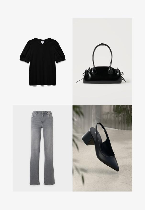 Schwarzes Kurzarmoberteil mit Rundhalsausschnitt, aus glattem Stoff. Mit Puffärmeln und lockerer Passform. Einfaches, ungeschmücktes Design.; Gerade geschnittene Jeans aus grauem Denim mit Vordertaschen, Gürtelschlaufen und Knopfverschluss.; Schwarze Leder-Slingback-Pumps mit spitzem Zehenbereich und Blockabsatz. Glatte Textur, minimalistisches Design und verstellbarer Knöchelriemen.; Kleine schwarze glänzende Handtasche mit zwei langen Griffen und seitlichen Kordelzug-Details vor einfachem hellem Hintergrund.