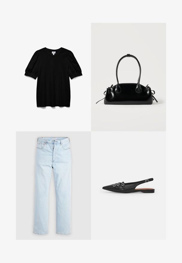Schwarzes Kurzarmoberteil mit Rundhalsausschnitt, aus glattem Stoff. Mit Puffärmeln und lockerer Passform. Einfaches, ungeschmücktes Design.; Hellblaue Jeans mit hoher Taille und geradem Bein, mit Knopfleiste sowie Vorder- und Gesäßtaschen, auf schlichtem weißem Hintergrund.; Schwarze Leder-Slingback-Ballerina mit spitzem Zeh, ausgestattet mit zwei horizontalen Riemen und quadratischen silbernen Schnallen, mit flachem Absatz und glatter Oberfläche.; Kleine schwarze glänzende Handtasche mit zwei langen Griffen und seitlichen Kordelzug-Details vor einfachem hellem Hintergrund.