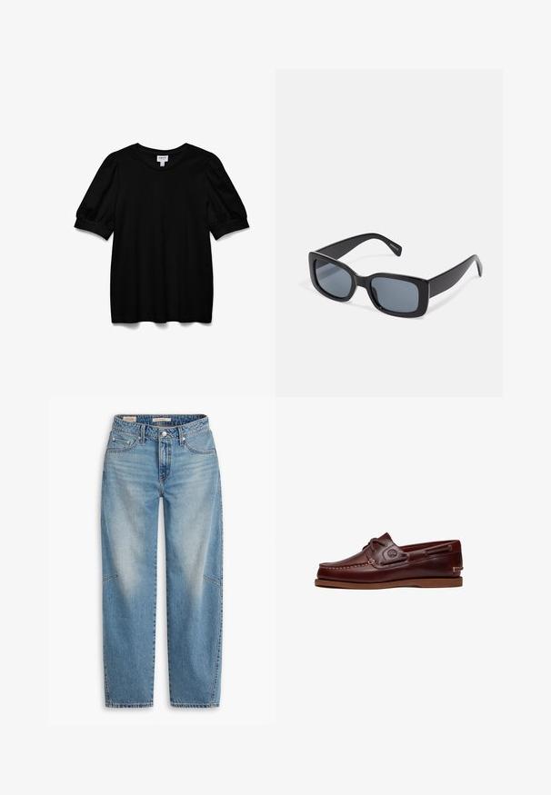 Top corto negro de manga corta con escote redondo, hecho de una tela suave. Presenta mangas abullonadas y un corte relajado. Diseño simple, sin adornos.; Jeans de mezclilla azul claro con un ajuste holgado, diseño de pierna recta, bragueta de botones y estilo de cinco bolsillos, con sutiles detalles de desteñido y costuras.; Zapato náutico de cuero marrón con cordones, detalles de costura y logo de Timberland en el lateral, mostrado sobre un fondo blanco.; Gafas de sol rectangulares negras con lentes oscuros, montura de plástico grueso y patillas anchas. Superficie lisa y diseño anguloso.