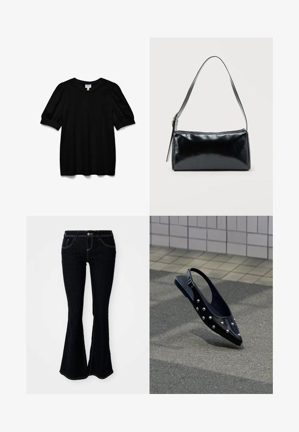 Zwarte top met korte mouwen en een ronde hals, gemaakt van een zachte stof. Heeft pofmouwen en een relaxte pasvorm. Eenvoudig, onopgesmukt ontwerp.; Flared donkergewassen jeans met een hoge taille, voor- en achterzakken, en contrasterende gele stiksels op de naden.; Zwarte puntige slingback schoen met zilveren studs, zwevend boven asfalt bij een achtergrond van betegelde muur.; Zwarte rechthoekige schoudertas met een enkele verstelbare band en een bovenste ritssluiting op een effen achtergrond.
