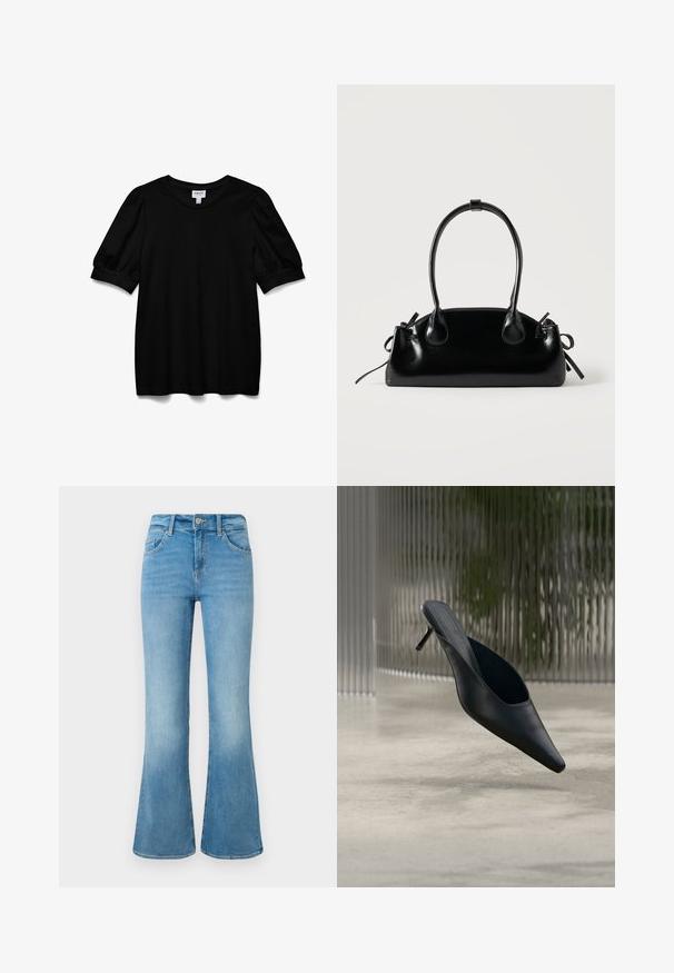 Schwarzes Kurzarmoberteil mit Rundhalsausschnitt, aus glattem Stoff. Mit Puffärmeln und lockerer Passform. Einfaches, ungeschmücktes Design.; Hellblaue Denim-Flaggenjeans mit Fronttaschen, Gürtelschlaufen und einer Knopfverschlus gegen einem weißen Hintergrund.; Schwarzer spitzer Mule-Schuh mit dünnem hohen Absatz, der über einem glatten Betonboden schwebt, mit einem unscharfen vertikal gestreiften Hintergrund.; Kleine schwarze glänzende Handtasche mit zwei langen Griffen und seitlichen Kordelzug-Details vor einfachem hellem Hintergrund.