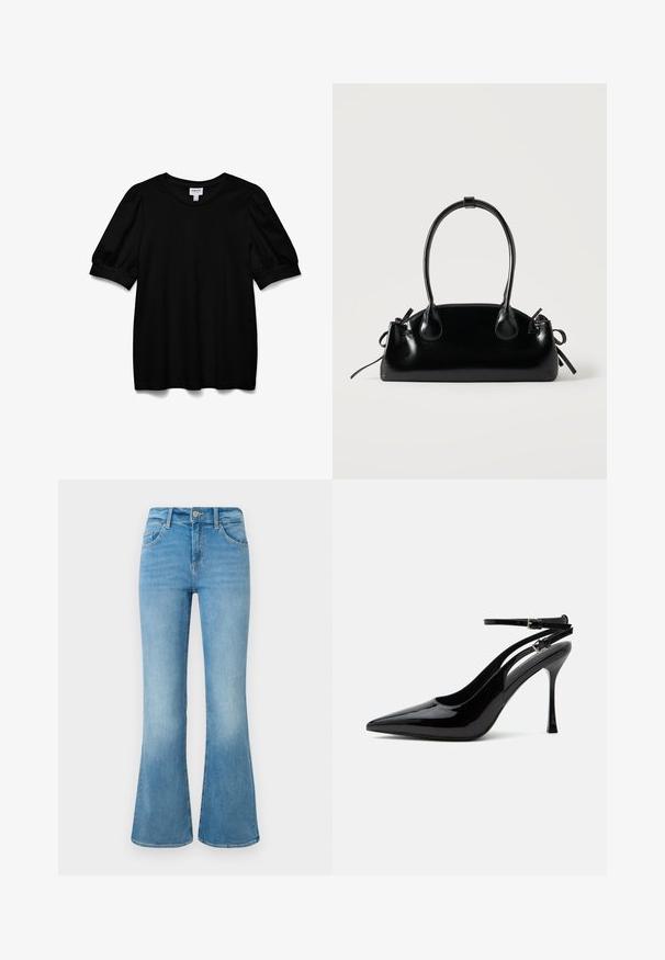 Top corto negro de manga corta con escote redondo, hecho de una tela suave. Presenta mangas abullonadas y un corte relajado. Diseño simple, sin adornos.; Jeans de campana en denim azul claro con bolsillos frontales, presillas para cinturón y cierre de botón sobre un fondo blanco.; Zapato destalonado de piel de charol negra con tacón alto, punta puntiaguda y doble tirante en el tobillo con hebillas plateadas.; Pequeño bolso negro brillante con dos asas largas y detalles de cordón lateral sobre un fondo claro liso.