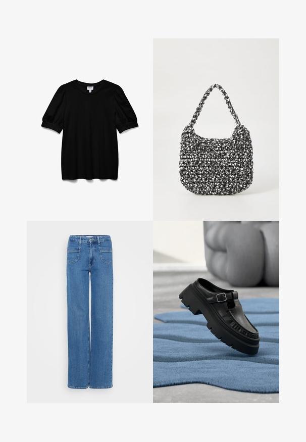 Schwarzes Kurzarmoberteil mit Rundhalsausschnitt, aus glattem Stoff. Mit Puffärmeln und lockerer Passform. Einfaches, ungeschmücktes Design.; Weite blaue Jeans aus Denim mit hoher Taille, Fünf-Taschen-Design und sichtbaren Nähten an den Säumen. Glatte Textur, klassischer Look.; Schwarzer Leder-Slipper mit grober Profilsohle und silberner Schnalle, schräg auf einem strukturierten blauen Teppich platziert.; Gewebte Handtasche in Schwarz und Weiß mit runder Form, strukturiertem Oberflächenfinish und geflochtener Grifffläche. Geeignet für den lässigen Gebrauch.