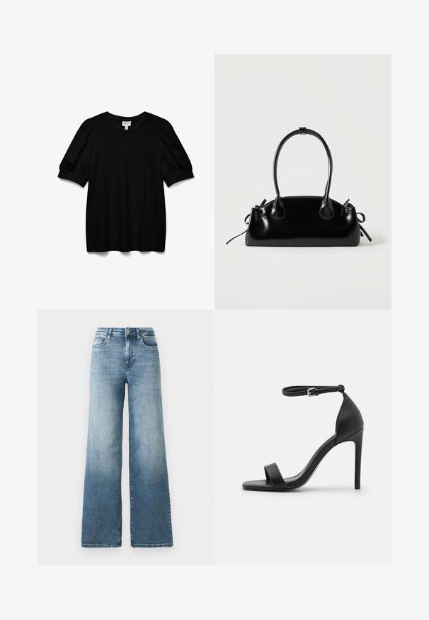 Top corto negro de manga corta con escote redondo, hecho de una tela suave. Presenta mangas abullonadas y un corte relajado. Diseño simple, sin adornos.; Jeans de denim de pierna ancha en lavado azul claro, con cintura alta, diseño de cinco bolsillos y un ligero desvanecimiento en la tela. Cierre clásico con botón de metal.; Sandalia de tacón alto negra con un diseño elegante, que cuenta con una correa en el tobillo, punta abierta y una textura de cuero suave.; Pequeño bolso negro brillante con dos asas largas y detalles de cordón lateral sobre un fondo claro liso.