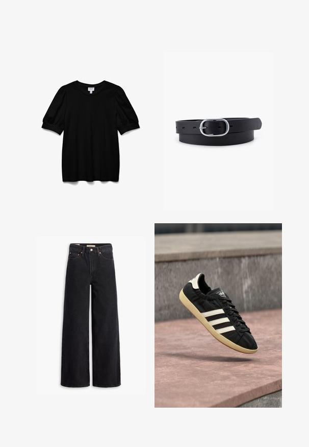 Schwarzes Kurzarmoberteil mit Rundhalsausschnitt, aus glattem Stoff. Mit Puffärmeln und lockerer Passform. Einfaches, ungeschmücktes Design.; Schwarze weite Jeans aus Denim mit fünf Taschen, Kupferrivets und einem klassischen Knopfverschluss. Glatte Textur mit einem klaren Design.; Schwarzer Adidas-Sneaker mit weißen Streifen und beiger Sohle, in der Luft über einer steinernen Oberfläche und mit Steinwand im Hintergrund aufgenommen.; Schwarzer Leder Gürtel mit glatter Textur, ovaler silberner Metallschnalle und mehreren Einstelllöchern entlang des Riemens. Flaches, minimalistisches Design.
