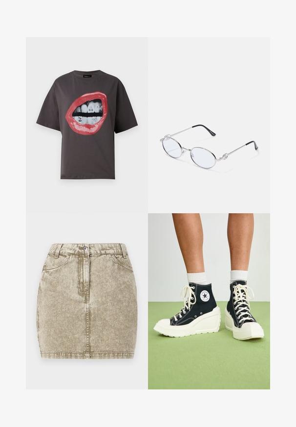 T-shirt gris foncé avec un grand graphisme de lèvres rouges ouvertes montrant les dents supérieures et inférieures avec de petits motifs de tatouage noirs sur les dents.; Jupe en denim kaki avec une finition texturée, cinq poches, fermeture à boutons à l'avant et détails cousus le long des bords.; Baskets montantes noires avec une semelle plateforme blanche surélevée, dotées de lacets blancs et d'un logo arrondi sur le côté. Matériau en toile texturée.; Lunettes ovales en métal argenté avec verres transparents, présentant des accentuations décoratives sur les côtés et des embouts noirs sur les branches pour plus d'adhérence et de confort.