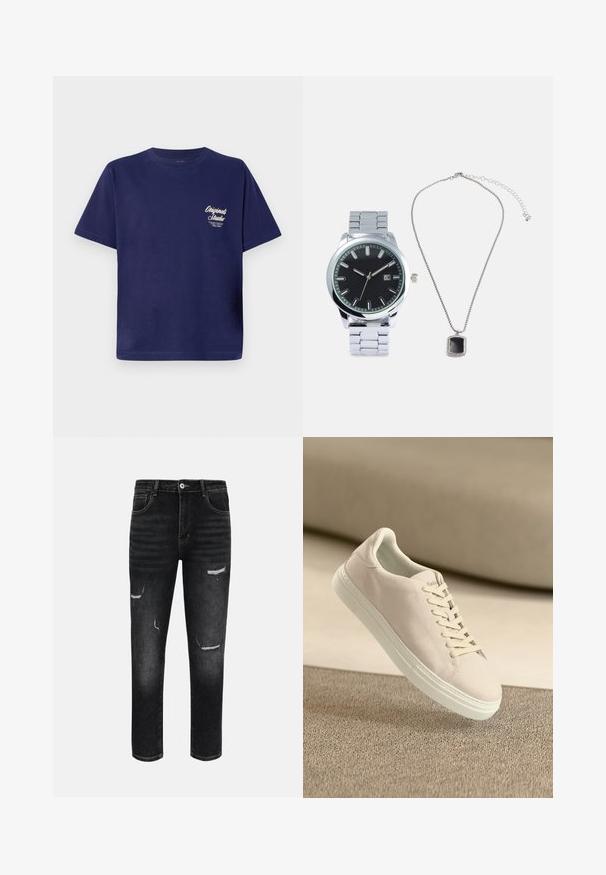 Camiseta de algodón azul marino de manga corta, cuello redondo y pequeño gráfico de texto blanco en la parte frontal izquierda. Diseño simple de color sólido.; Vaqueros ajustados negros con lavado desteñido y parches desgastados en muslos y rodillas, con botones delanteros y bolsillos.; Zapatilla de ante beige con suela y cordones blancos, mostrada flotando sobre una alfombra de textura beige contra un suave fondo beige.; Reloj plateado con un esfera negra texturizada y correa de acero inoxidable al lado de un collar de cadena plateado con un colgante rectangular negro.