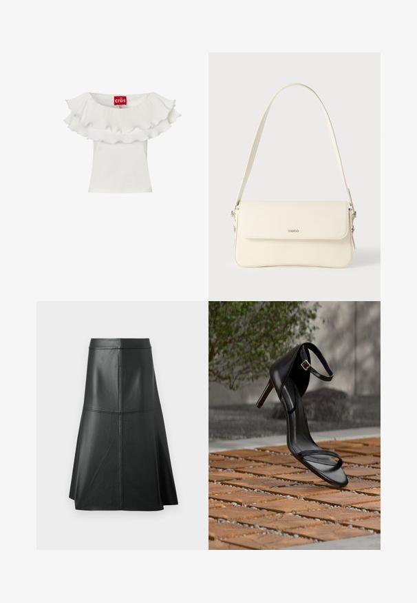 Haut blanc sans manches avec encolure à volants plissés double couche et étiquette de marque rouge à l’intérieur du col.; Jupe trapèze en cuir noir, texture lisse, longueur mi-mollet, avec des détails de couture horizontale à la taille et aux coutures pour un maintien supplémentaire.; Sandale noire à talon haut avec sangle à la cheville, suspendue au-dessus d'un sol en carreaux de bois à l'extérieur, avec un arrière-plan flou de verdure et de pierre.; Sac à bandoulière en cuir couleur crème avec fermeture à rabat, quincaillerie argentée, une bandoulière réglable et un logo discret.