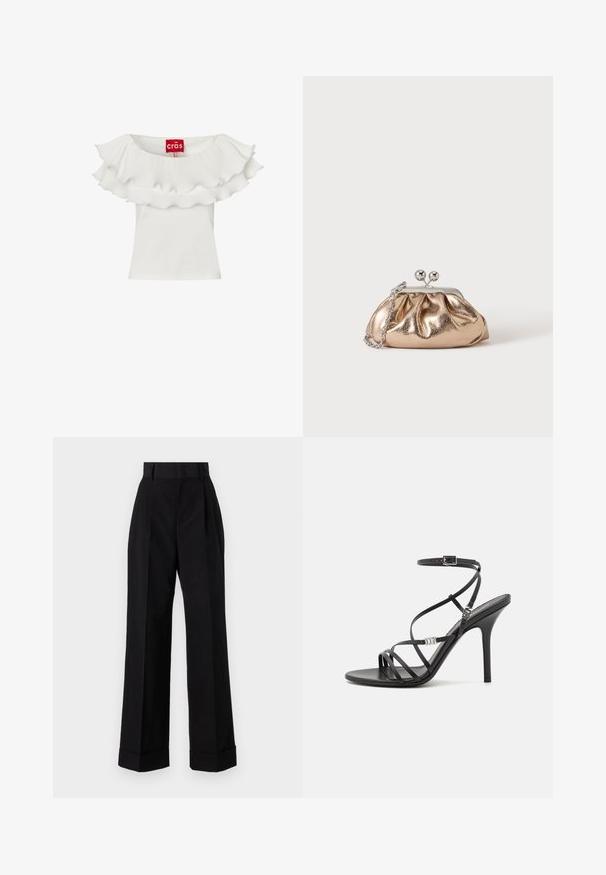 Haut blanc sans manches avec encolure à volants plissés double couche et étiquette de marque rouge à l’intérieur du col.; Pantalons noirs taille haute en coton. Présente un design à jambes larges, des plis et des ourlets roulés. Texture lisse, sans motifs ni matériel visible.; Sandale noire à talons hauts avec des brides fines, une boucle à la cheville, une surface en cuir lisse et un talon aiguille élancé.; Petit sac pochette métallique dorée avec fermoir argenté et chaîne sur un fond clair uni.