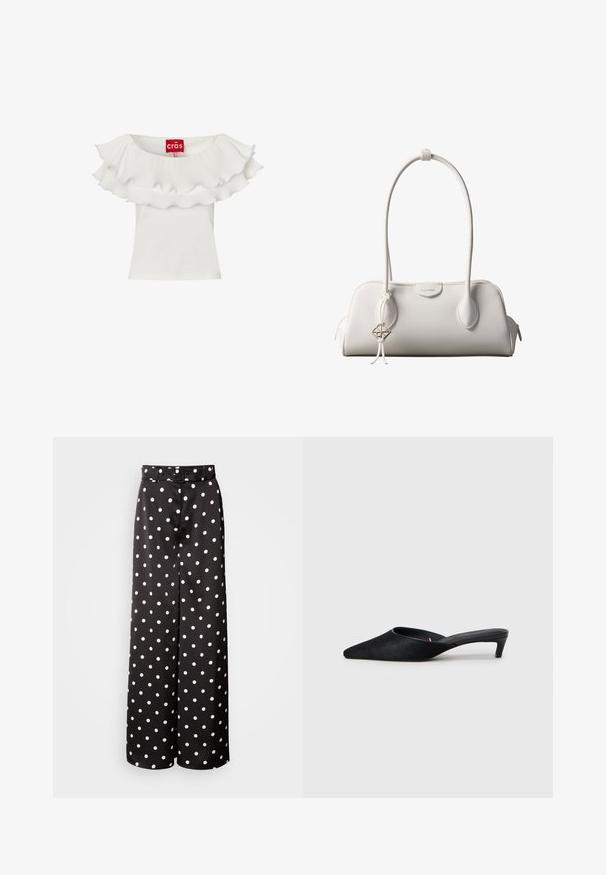 Haut blanc sans manches avec encolure à volants plissés double couche et étiquette de marque rouge à l’intérieur du col.; Pantalons larges noirs dotés d'une ceinture, fabriqués en tissu lisse avec un motif à pois blancs.; Mules en daim noir avec un bout pointu et un petit talon. Caractéristiques d'une texture lisse et d'un dos ouvert pour un enfilage facile. Design simple sans motifs.; Sac à bandoulière blanc Calvin Klein avec longues poignées, forme rectangulaire, fermeture éclair et charm logo décoratif suspendu près de la poignée.