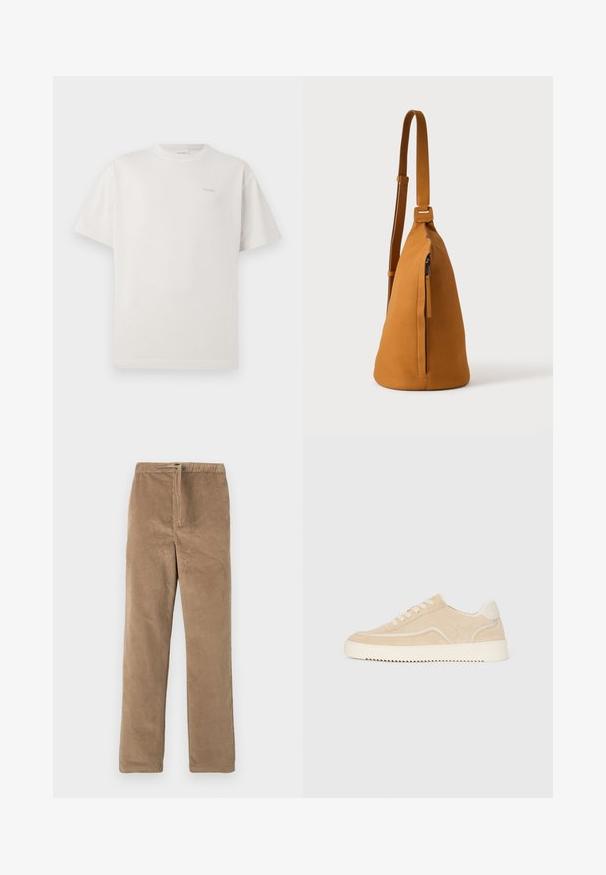 CLOSED LOGO - Camiseta básica - blush pink; Pantalones de pana marrones con cintura elástica y cordón frontal, corte recto, expuestos sobre fondo blanco.; Zapatillas de ante beige con suela y cordones blancos, diseño bajo y patrón de tracción en zigzag en la suela.; Bolso bandolera de piel color canela con correa ajustable y bolsillo vertical con cremallera, mostrado de lado sobre un fondo claro y liso.