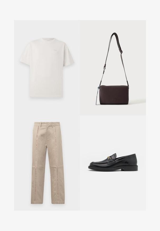 CLOSED LOGO - T-shirt basic - blush pink; Beige broek met een rechte snit, voorzien van rose-gouden pailletten aan de zijkanten en subtiele gestikte details op de benen.; Zwarte leren instappers met een ronde neus, voorzien van een gouden hardware accent en stikdetails, geplaatst op een lage, getextureerde rubberen zool.; Donkerbruine gestructureerde leren crossbodytas met verstelbare riem en klein decoratief blauw accent aan de zijkant.