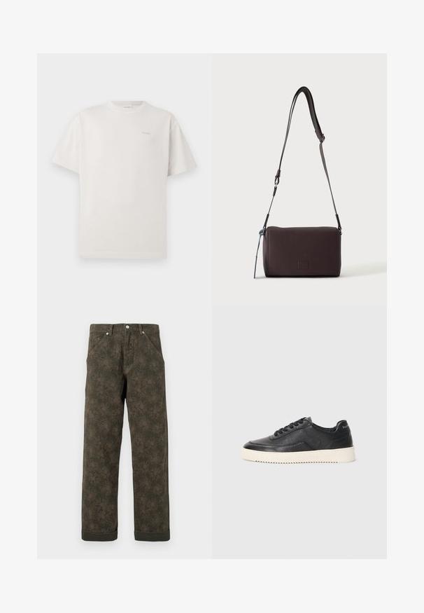 CLOSED LOGO - T-shirts basic - blush pink; Mørkegrønne bukser med subtil blomsterprint, frontknap, lommer og opsmøgede kanter.; Sort lædersneaker med struktureret overflade, rund tå og flad hvid gummisål. Har sorte snørebånd og branding på hælen.; Mørkebrun textured læder crossbody taske med justerbar rem og lille dekorativ blå accent på siden.