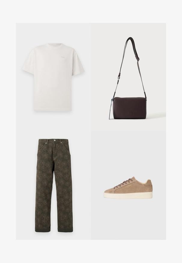 CLOSED LOGO - Základné tričko - blush pink; Tmavozelené nohavice s jemným kvetinovým vzorom, predným gombíkom, vreckami a manžetami.; Beige semišové tenisky s okrúhlym prstom, krémovou gumenou podrážkou a hnedými šnúrkami. Sú vybavené embosovaným logom značky na strane a textúrovaným materiálom.; Tmavohnedá kožená crossbody taška s textúrou, nastaviteľným popruhom a malým dekoratívnym modrým prvkom na boku.