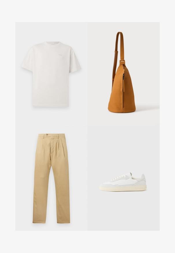 CLOSED LOGO - Základné tričko - blush pink; CLOSED BERGEN TAPERED - Nohavice chinos - beige; Biela teniska s jemne štruktúrovaným zvrškom zo semišu a kože. Má zaoblenú špičku, viazanie na šnúrky a kontrastnú béžovú gumovú podrážku.; Kožená tanová taška cez rameno s nastaviteľným popruhom a vertikálnym vreckom so zipsom, zobrazená z boku na jednoduchom svetlom pozadí.