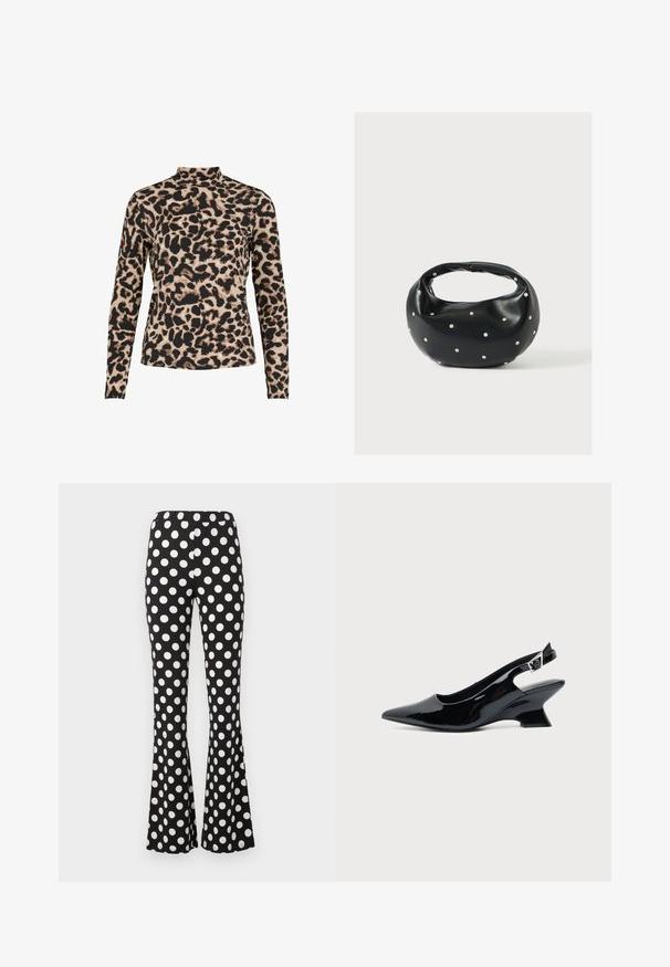 Leopardprint lange mouwen shirt met een hoge halslijn. Heeft een zwart en beige kleurenschema, een gladde textuur en een getailleerd ontwerp.; Zwarte uitlopende broek met grote witte stippen en een elastische tailleband, afgebeeld tegen een effen lichte achtergrond.; Zwarte lakleren slingback schoen met spitse neus en lage schuine blokhak op een effen lichte achtergrond.; Zwarte leren handtas met een afgeronde vorm, versierd met zilveren studs, en een korte handgreep. Gladde textuur en ritsluiting.