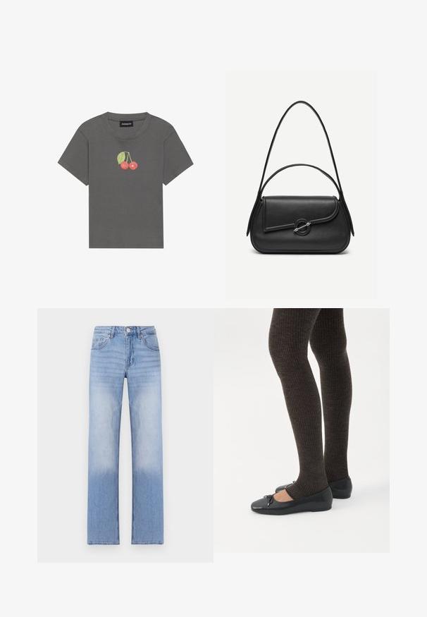 Grijze geribde T-shirt met korte mouwen, voorzien van een klein kersgrafiek met bladeren geborduurd op de borst.; Lichtblauwe denim jeans met een rechte pijpdesign, kenmerkend door een vervaagde was aan de onderste helft en klassieke vijf-pocketstyling.; Benen met donkere geribbelde leggings gecombineerd met zwarte ballerina's met kleine strikdetails op een witte achtergrond.; Zwarte leren handtas met afgeronde hoeken, asymmetrische klep, metalen ronde sluiting en zowel korte als lange schouderriemen.