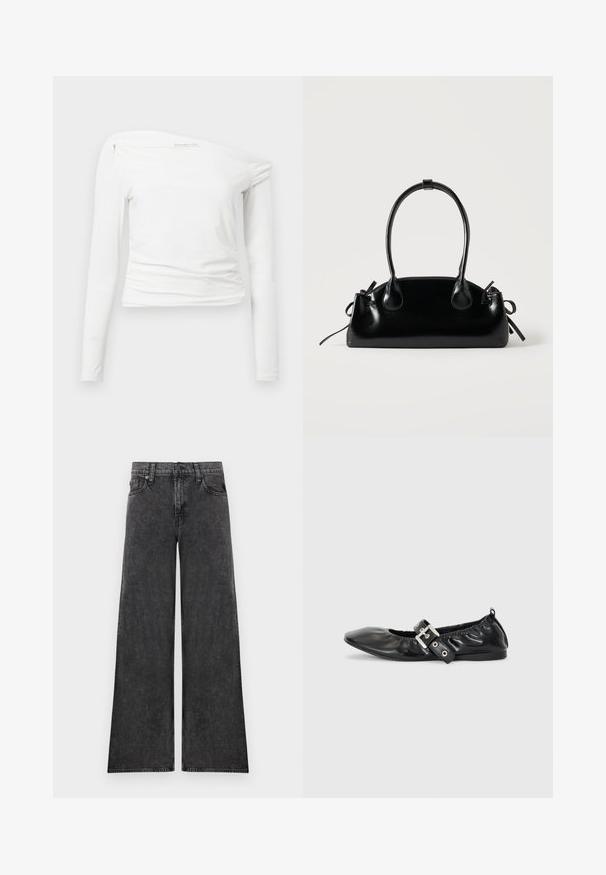 Λευκό μακρυμάνικο μπλουζάκι με σχέδιο off-shoulder, λεία ύφανση, πτυχές στους ώμους και εφαρμοστή σιλουέτα.; Μαύρο τζιν παντελόνι με φαρδιά μπατζάκια, πέντε τσέπες και κλείσιμο με κουμπί, εμφανίζεται επίπεδο σε λευκό φόντο.; Μαύρο δερμάτινο φλατ παπούτσι με μυτερή μύτη, συγκεντρωμένες λεπτομέρειες γύρω από το άνοιγμα και μια ασημένια αγκράφα ως λεπτομέρεια στη ρυθμιζόμενη λουρίδα.; Μικρή μαύρη γυαλιστερή τσάντα με δύο μακριές λαβές και λεπτομέρειες με ρυθμιζόμενο κορδόνι στο πλάι σε απλό ανοιχτό φόντο.