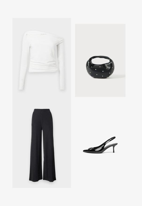 Λευκό μακρυμάνικο μπλουζάκι με σχέδιο off-shoulder, λεία ύφανση, πτυχές στους ώμους και εφαρμοστή σιλουέτα.; Μαύρο παντελόνι φαρδύ με μαλακό, ελαστικό υλικό που έχει μια λεπτή γυαλάδα, με ελαστική μέση και άνετη εφαρμογή.; Μαύρες πατεντά λουστρίνι γόβες με κλειστή φτέρνα, μυτερή μύτη και γυαλιστερή φινίρισμα. Διαθέτουν λεπτό τακούνι και στρογγυλή λεπτομέρεια στο επάνω μέρος.; Μαύρη δερμάτινη τσάντα χειρός με στρογγυλεμένο σχήμα, διακοσμημένη με ασημένιες λεπτομέρειες με καρφιά και κοντή λαβή. Λείο υλικό και κλείσιμο με φερμουάρ.