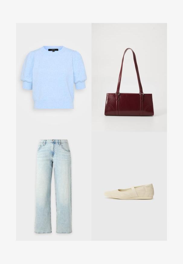 Vero Moda Petite VMDOFFY 2/4 O NECK - Βασικό μπλουζάκι - little boy blue melange; Φωτεινά μπλε τζιν με ίσια μπατζάκια, εμπρόσθιες τσέπες, θηλιές για ζώνη και κλείσιμο με κουμπί σε απλό λευκό φόντο.; Μπεζ μπαλαρίνες με λείο δέρμα εξωτερικά, αμυγδαλωτό τελείωμα, και ελαστική λωρίδα που διασχίζει το επάνω μέρος του ποδιού, με διακριτές ραφές.; Μπορντό τσάντα ώμου από γυαλιστερό υλικό, ορθογώνιο σχήμα, με δύο ιμάντες ώμου και λεπτές καμπύλες λεπτομέρειες στο μπροστινό μέρος.