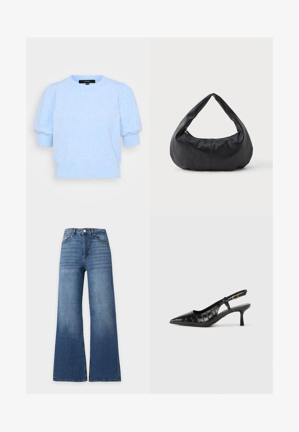 Vero Moda Petite VMDOFFY 2/4 O NECK - T-paita - little boy blue melange; Siniset korkeavyötäröiset farkut leveillä lahkeilla, edessä nappi, vetoketju ja klassinen viiden taskun malli yksinkertaisella vaalealla taustalla.; Mustakasta slingback-korkokenkää, jossa on terävä kärki ja teksturoitu krokotiilinnahkakuosi. Mukana kapea nilkkahihna ja pieni korko.; Musta pehmeä nahkainen kuun muotoinen käsilaukku, jossa on paksu, pehmustettu kahva ja yläosassa vetoketjulla suljettava suljenta.