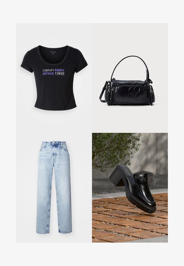 Μαύρο βαμβακερό T-shirt με εφαρμοστή σχεδίαση, στρογγυλή λαιμόκοψη, κοντά μανίκια και λευκό και μοβ κείμενο που γράφει "calvin klein since 1968."; Ανοιχτό μπλε τζιν ψηλού κοιλιά με χαλαρή εφαρμογή, με ίσιες γραμμές, πέντε τσέπες και κλασικό κλείσιμο με κουμπί και φερμουάρ.; Μαύρο δερμάτινο slip-on mule από Calvin Klein με χοντρό τακούνι που ακουμπά σε ξύλινα πλακάκια σε εξωτερικό χώρο κοντά σε ένα πράσινο φυτό και γκρίζο τοίχο.; Μαύρη νάιλον τσάντα με πλούσιο σχέδιο, στρογγυλή ιμάντα για τον ώμο, μπροστινής τσέπης με φερμουάρ και διακριτό λογότυπο αποτυπωμένο μπροστά.