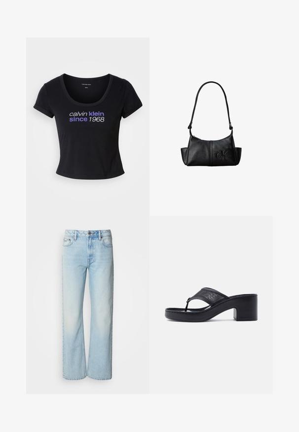 Čierne bavlnené tričko s priliehavým strihom, výstrihom v tvare lode, krátkymi rukávmi a bielym a fialovým textom "calvin klein since 1968."; Svetlomodré široké džínsy vyrobené z denimu, s klasickým päť-pocket dizajnom a jemnou vyblednutou textúrou. Švy z denimu sú viditeľné.; Čierna šľapka na podpätku s hrubým podpätkom a širokým sieťovinovým remienkom cez nohu na jednoduchom svetlom pozadí.; Čierna kožená taška cez rameno s dlhým popruhom, bočnými vreckami a vystúpeným logom Calvin Klein vpredu.