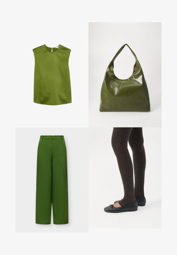 Groene, mouwloze top met een ronde halslijn en licht gestructureerde schouders. Heeft een textuurstof en een discrete ritssluiting aan de achterkant.; Broek met hoge taille en brede pijpen in effen olijfgroen, met riemlussen en een gladde sluiting aan de voorkant.; Benen met donkere geribbelde leggings gecombineerd met zwarte ballerina's met kleine strikdetails op een witte achtergrond.; Groene leren hobotas met een slordig ontwerp, gebogen handvat en een gladde textuur. Bevat geen zichtbare hardware of accenten.